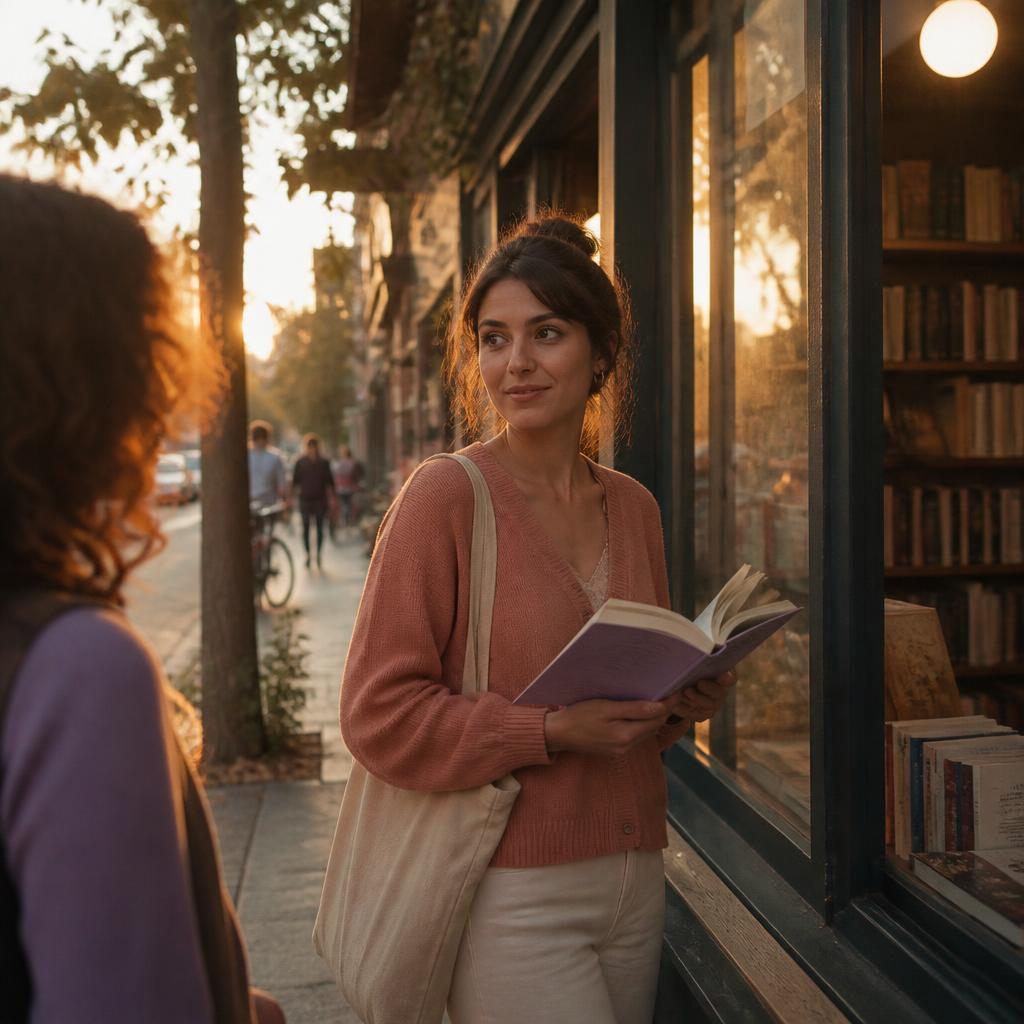 A woman with a book outside a neighbourhood bookstore