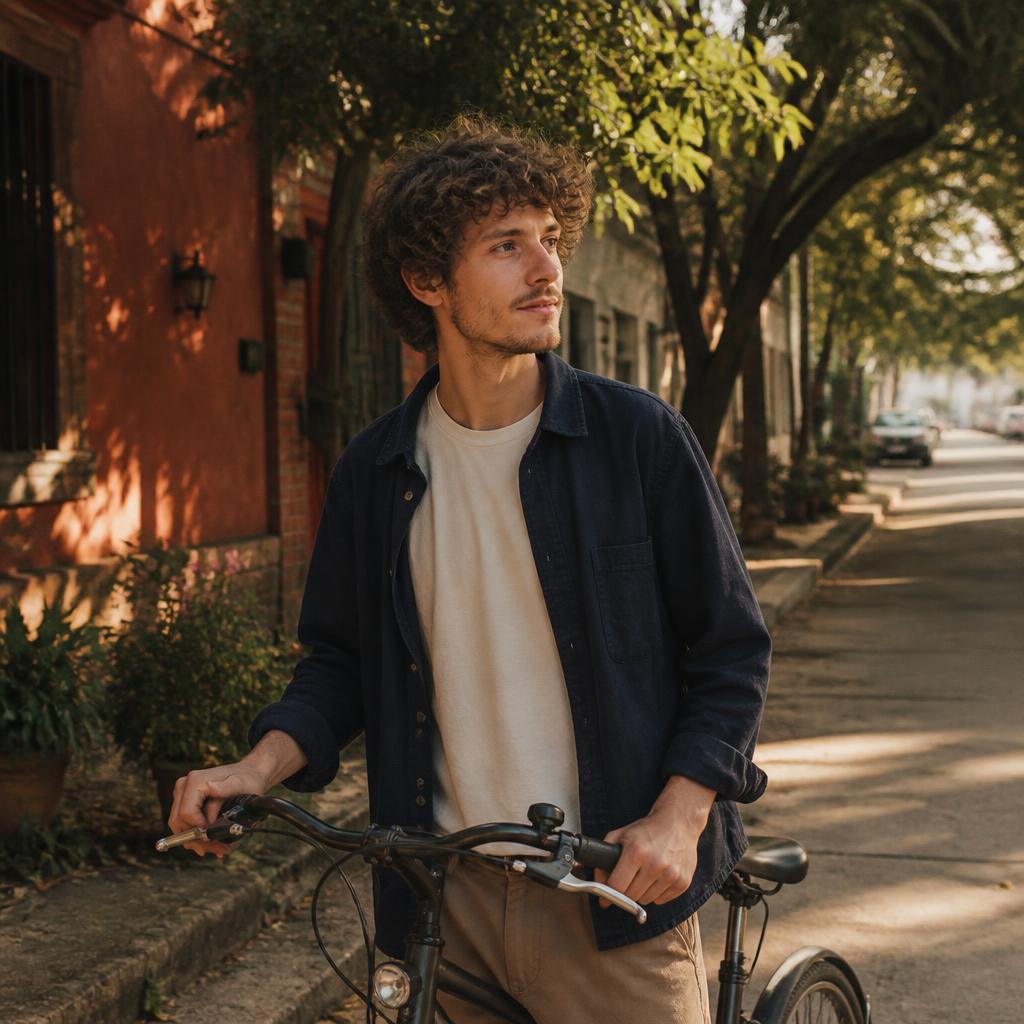 A cyclist paused in a leafy neighbourhood