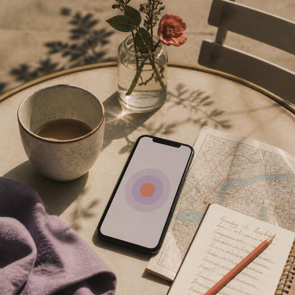 A phone, city map, and coffee on a café table